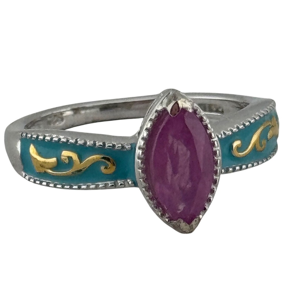 D'Joy Sterling Silver Pink Marquise Stone Enamel Ring Size 8